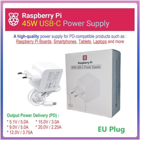 OFFICIAL Raspberry Pi 45W USB-C Power Supply Adaptor for Raspberry Pi Laptops Tablets Smartphones and more